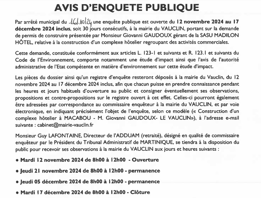 Enquête publique 1211 au 1712 - complexe hotelier macabou